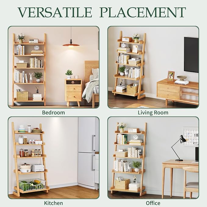 5-Tier Wooden Natural Ladder Shelf - Solid Wood Leaning Bookshelf Shelves, Leaning Bookcase for Saving Space, 55" H Book Shelf for Living Room & Bedroom & Home Office