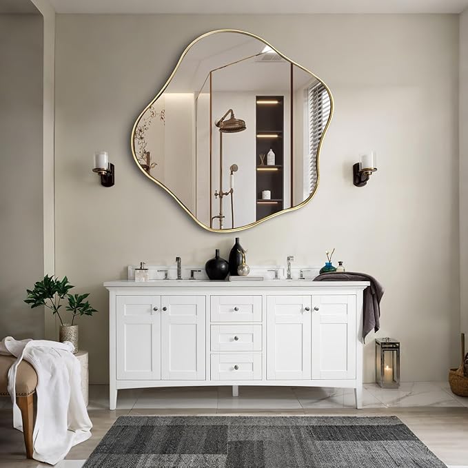 Gold Irregular Shaped Mirror, 35" Asymmetrical Mirrors for Wall, Large Scalloped Mirror Decorative, Modern Wavy Round Mirrors for Living Room Bathroom Bedroom Hallway Entryway Fireplace