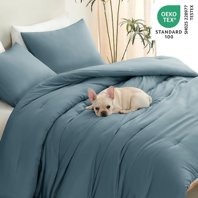 CozyLux California King Comforter Set Mineral Blue, 3 Pieces Cal King Lightweight Down Alternative Quilted Bedding Sets, All Season Breathable Solid Comforter with 2 Pillowcases, Bed Set Gift for Home