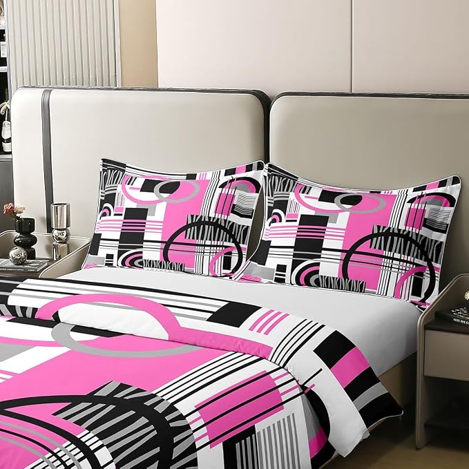 Erosebridal Art Deco Mid Century Duvet Cover Set Retro Modern Abstract Geometric 100% Cotton Comforter Cover Black and White Fuchsia Circles Stripes King Bedding Set, Contemporary Bed Sets