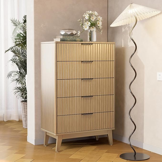 Modern Fluted 5 Drawer Tall Dresser, 48" H, Natural Oak, Curved Profile Design, Mid Century Wood Chest of Drawers for Bedroom, Living Room, Hallway