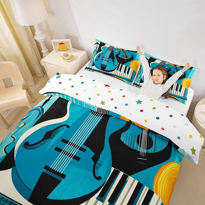 Erosebridal Retro Music Duvet Cover Full for Adults - Modern Musical Instrument Bedding Set Abstract Geometric Square Comforter Cover,Mid Century Jazz Bed Set