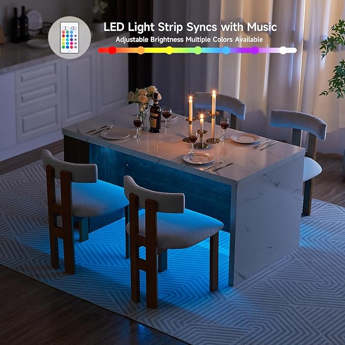 ONBRILL Dining Table for 4 with LED Lights & Power Outlet (61"* 31" Whole Board of Tabletop), Modern Imitation Marble Kitchen Dinner Table with Storage Space for Dining Room (White)