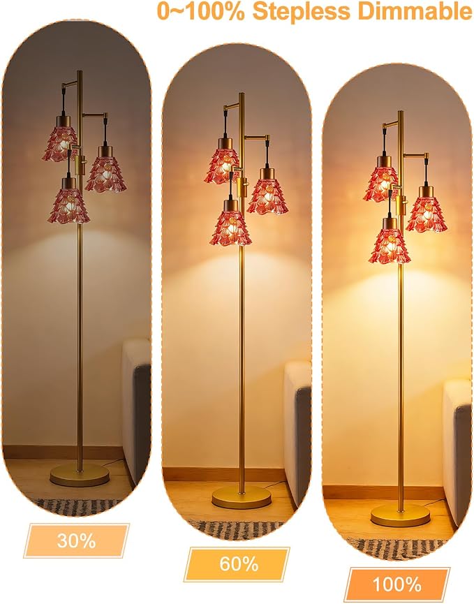 Lightdot 67" Glass Floor Lamps for Living Room, 3-Light Dimmable Floor Lamp with Rose Red Glass Shade& Bulbs Included, Mid Century Standing Tall Lamp with 5Lbs Heavy Base for Bedroom/Sofa Beside-Gold