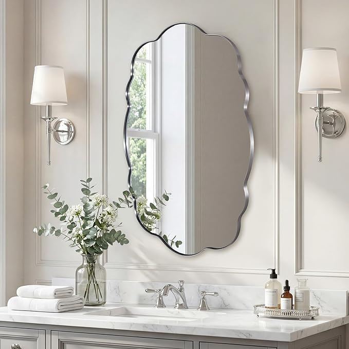 ANDY STAR Brushed Nickel Wavy Oval Bathroom Mirror,24x40 Inch Silver Scalloped Wall Mirror, Unique Irregular Wall Mirror with Sophisticated Curved Design