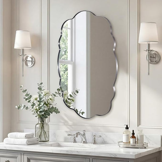 ANDY STAR Brushed Nickel Wavy Oval Bathroom Mirror,24x40 Inch Silver Scalloped Wall Mirror, Unique Irregular Wall Mirror with Sophisticated Curved Design