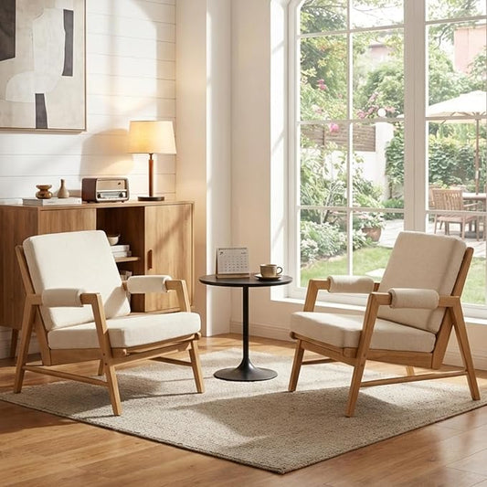 CIMOTA Mid Century Modern Accent Chair Set of 2, Linen Upholstered Living Room Chairs with Arms, Comfy Reading Chair with Solid Wood Frame, High Back for Bedroom, Waiting Room, Office, Beige