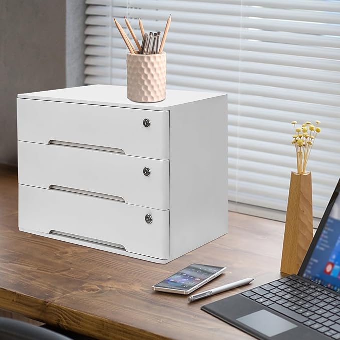 Desktop File Organizer with Lock, 2/3/4 Tier Multi-Drawer Wooden Storage Cabinet, Office Supply Organizer for Home Desk, Study & Workplace (White, 3 Layers)