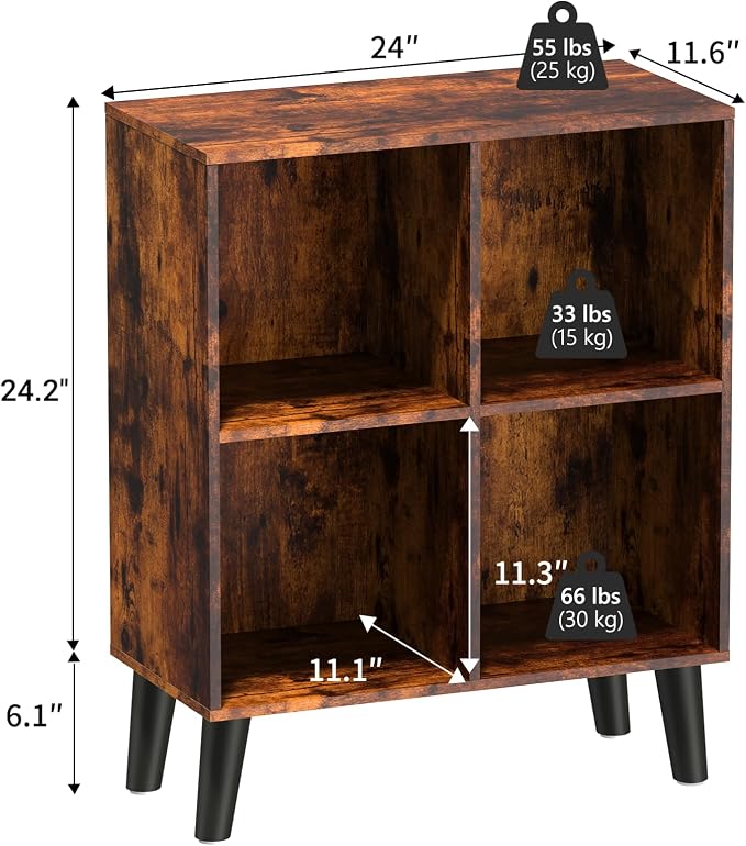 4 Cube Storage Organizer with Legs, 2 Tier Cube Low Bookcase Freestanding Storage Display Organizer for Home Office, Four-Cubes Open Shelf Bookshelf (Retro Brown, 4 Cube)