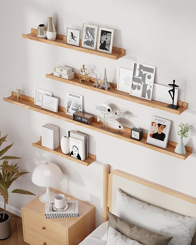 Axeman Oak Picture Ledge Shelf, 24 Inch Floating Shelves Set of 2, Solid Oak Wood Wall Shelves with Lip, Wall Decor Storage for Bedroom Living Room Bathroom Kitchen Nursery Photo Picture, Natural Oak