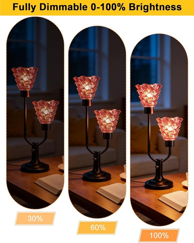 Lightdot Mid Century Modern Table Lamp Dimmable Red Glass Desk Lamp Vintage Black Nightstand Lamp 2 Bulbs Included Warmwhite Ambient Bedside Lamps for Living Room Bedroom Girls Room Home Office Decor