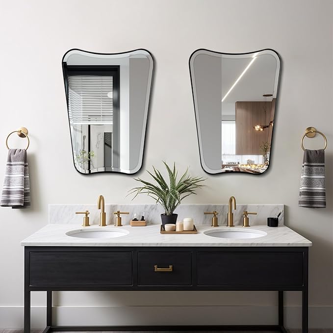 POZINO Vanity Beveled Mirror, 22"x30" Matte Black Rectangle Bathroom Mirror for Over Sink, Modern Irregular Shaped Decorative Mirrors for Bedroom Living Room Entryway Hallway Fireplace