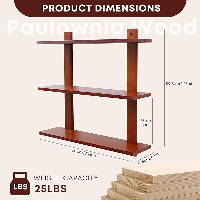 PHOENANCEE 3 Tier Floating Shelves,Long Wall Shelf,Over The Toilet Shelves Bathroom Hanging Display Storage Rustic for Living Room Bedroom Kitchen Office Coffee Bar Decor Decorative,24 Inch