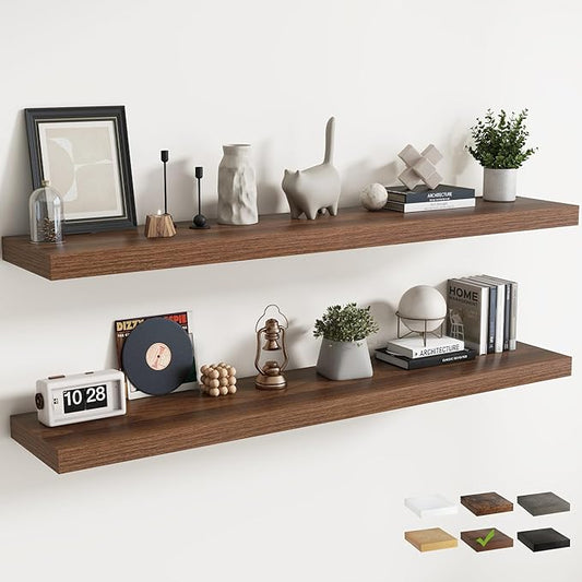 Floating Shelves for Wall with Invisible Brackets, Wall Mounted Engineered Wood Shelves with Wood Grain for Living Room, Bedroom, Bathroom, Kitchen Decor and Storage, Oak, 71"L Set of 2, Walnut