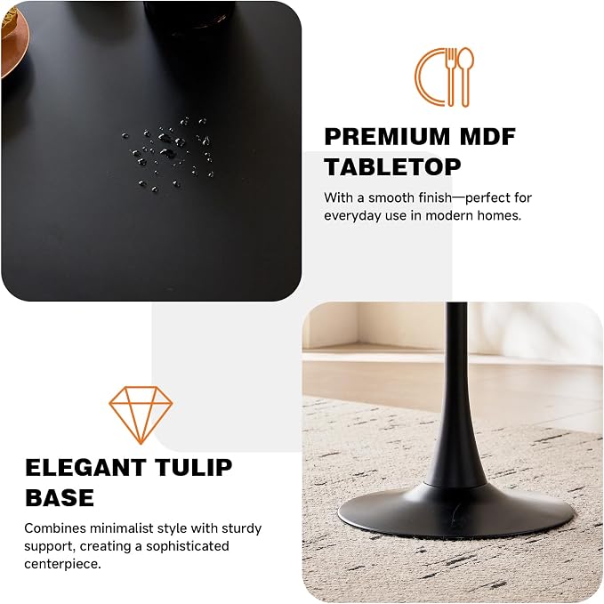 23.6" Round Dining Table for 2-4 Modern Circle Tulip Table with Metal Tulip Pedestal Base for Kitchen Dining Living Room Apartment Small Space Cafe, Black