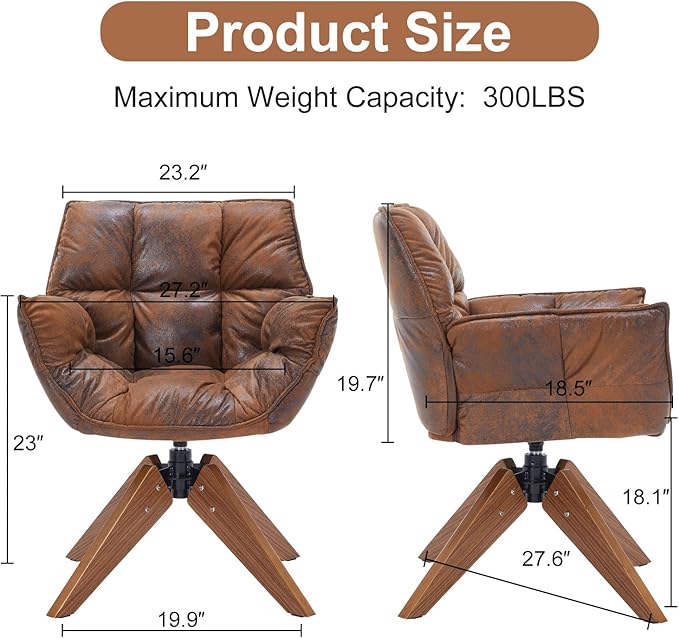 Mid Century Accent Chair, Hot Stamping Cloth Desk Chair no Wheel, Modern Cozy Vanity Chair Advanced & Wear-Resistant with Amrest, Wood Legs for Living Room, Reading Room, Bedroom (Brown)