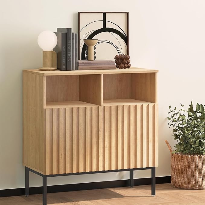 Oxford Fluted Storage Cabinet, Sideboard Buffet Credenza with Doors, Accent Console for Living Dining Room, Entryway, Natural Oak (Raised Panel, Two doors-1pc)