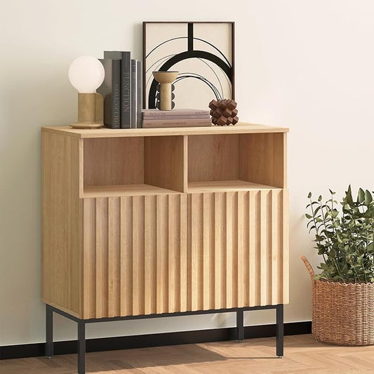 Oxford Fluted Storage Cabinet, Sideboard Buffet Credenza with Doors, Accent Console for Living Dining Room, Entryway, Natural Oak (Raised Panel, Two doors-1pc)