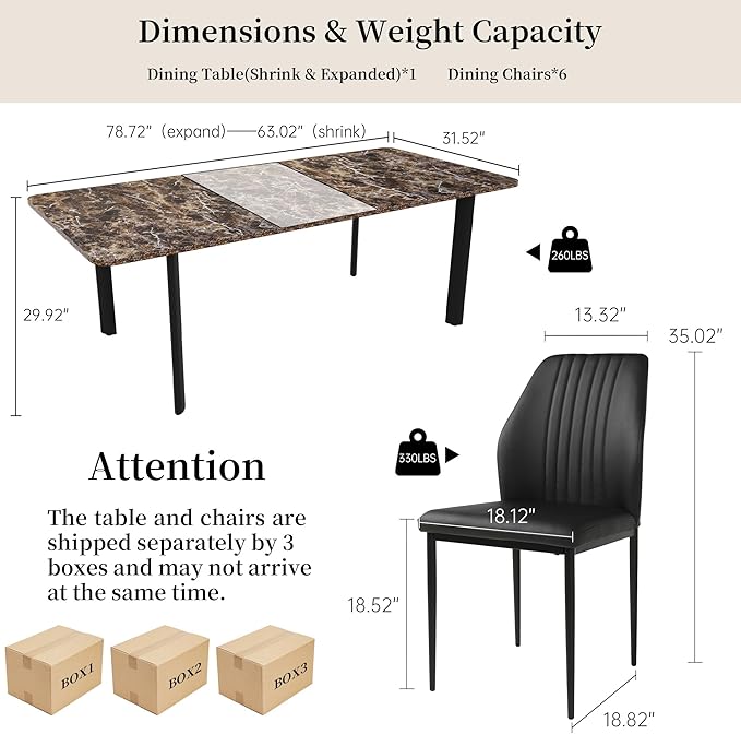 Extendable Dining Table Set for 6-8 People, 63 to 78.7 Inch MDF Kitchen Table with 6 Upholstered Chairs, Space-Saving for Dining Room, Breakfast Nook (Brown Table & 6 Black Chairs)