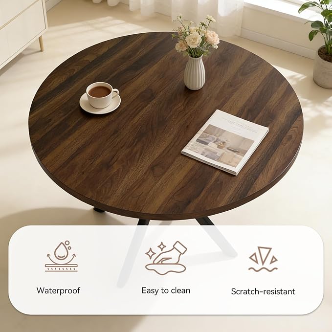 44" Round Dining Table for 4, Modern Mid-Century Dining Kitchen Table of 4, Cozy Dinette Round Table with Metal Leg for Kitchen Dining Room Apartment, Walnut