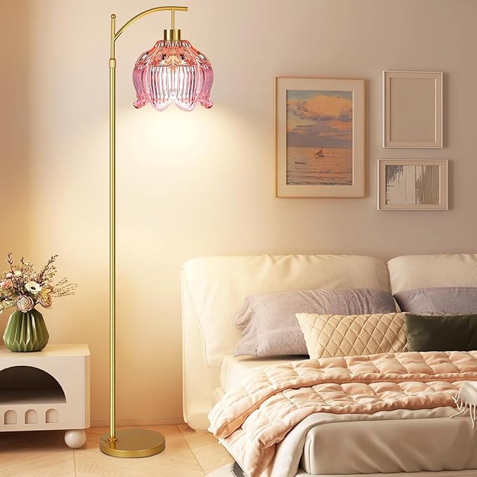 Pink Floor Lamp for Living Room,Bedroom,Glass Gold Dimmable Standing Lamp with Remote,Mid Century Modern Brass Tall Lamp Boho Floor Lamps Arc Stained Tulip Flower Floor Light Lamp Bohemian