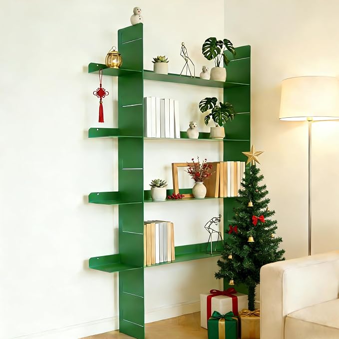 Metal Wall Mounted Floating Book Shelf, 4 Tier Storage Shelves, Easy Installation Display Shelf，Including 2 uprights+4 Shelves ，Storage Unit for Students, Housewives, and Collectors (Green)