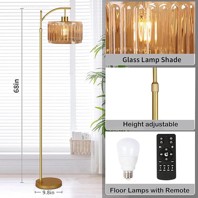 QIYIZM Floor Lamp for Living Room,Bedroom,Gold Dimmable Standing Lamp with Remote,Mid Century Modern Brass Tall Lamp Retro Vintage Glass Lamp Floor Light Boho Bohemian