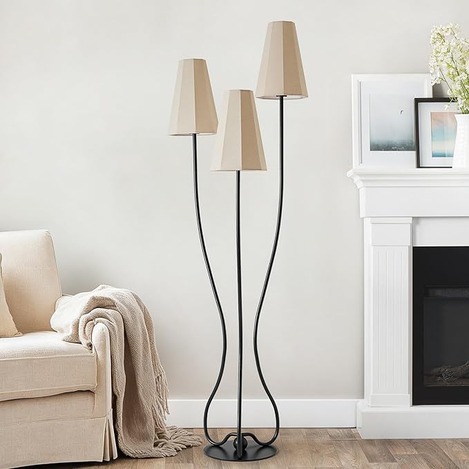 Artistic Vintage Floor Lamp, 3-Light Standing Lamps with Sculptural Curved Iron Base & Octagonal Linen Shades, Statement Lighting for Living Room, Bedroom, Studio