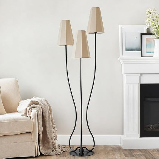 Artistic Vintage Floor Lamp, 3-Light Standing Lamps with Sculptural Curved Iron Base & Octagonal Linen Shades, Statement Lighting for Living Room, Bedroom, Studio
