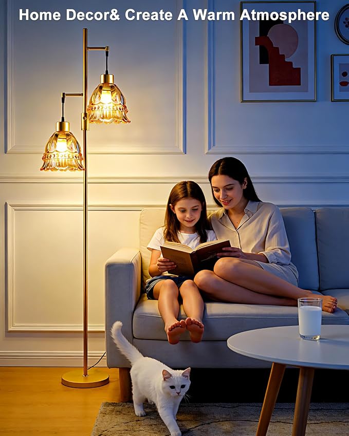 2-Light Modern Glass Floor Lamp, Gold Tall Standing Lamp with Amber Lace Glass Shade for Reading, Dimmable LED Floor Lamp with 5Lbs Heavy Base for Living Room Bedroom Home Decor, Bulb Included