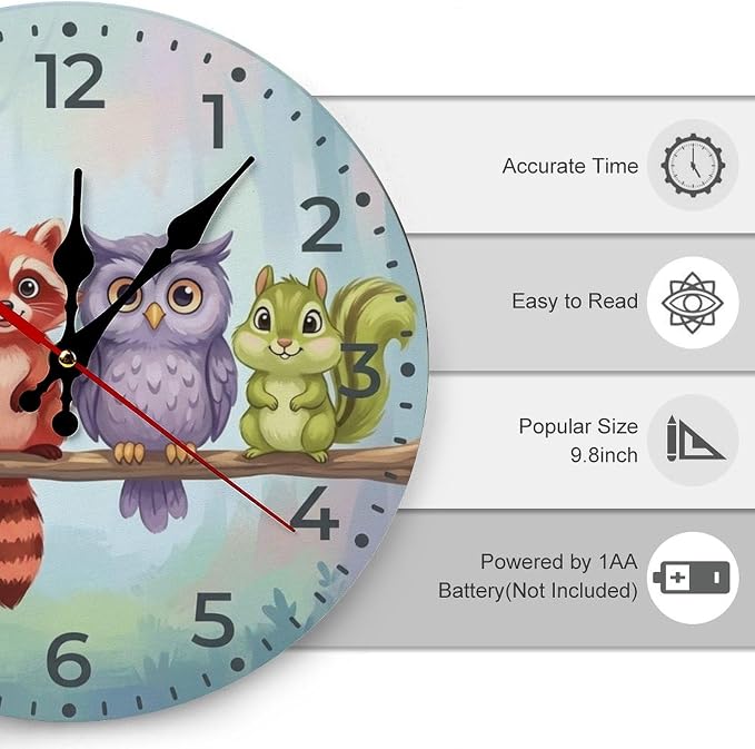 Cute Woodland Animals Wooden Wall Clock Silent Non-Ticking Quartz Battery Operated for Kids Bedroom, Nursery Room Decor, Playroom & Office Gift (10/12 Inch)