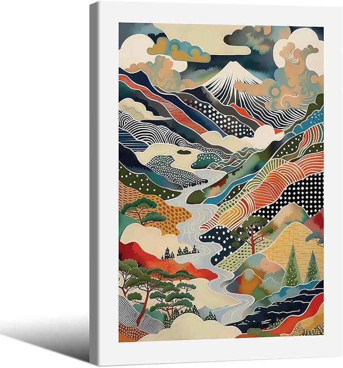 Japanese Mount Fuji Poster Colorful Nature Landscape Mountain Wall Art 16X24 inch Framed Modern Trendy Abstract Aesthetic Canvas Prints Wall Decor for Home Bedroom