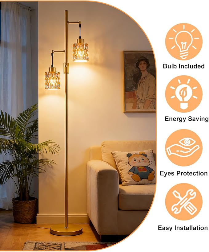 2-Light Glass Floor Lamp, 65IN Tall Standing Lamps Dimmable with Amber Glass Lampshade, 3000K Warmwhite Mid Century Modern Floor Lamp with 5Lbs Heavy Base for Living Room/Bedroom