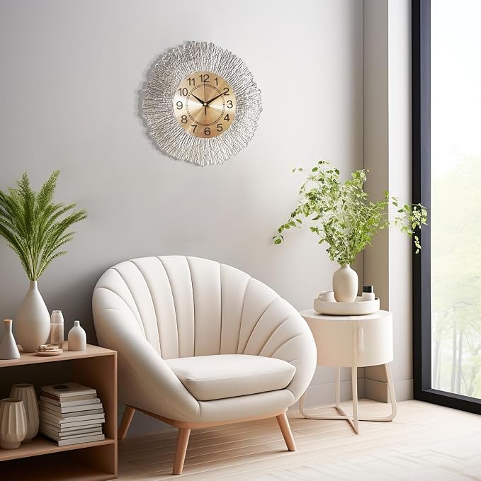 12 Inch Sliver Wall Clock for Living Room, Boho Decor Wall Clocks Sunburst Decor for Living Room, Kitchen, Farmhouse, Bedroom, Bathroom