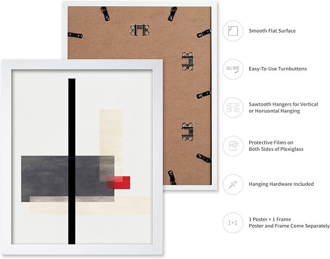Poster Master Geometric Poster - Composition Print - Abstract Design - Mid Century Modern Artwork - Line Drawing - Illustration Design - Great Office or Bedroom Wall Decor - 8x10 White Framed