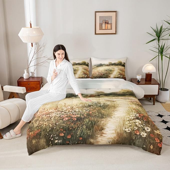 Erosebridal Rustic Wildflowers Comforter Set Twin Vintage Country Road Bedding Set Classical Flowers Landscape Comforter for Kids Boys Girls Farmhouse Nature Botanical Floral Quilt Duvet