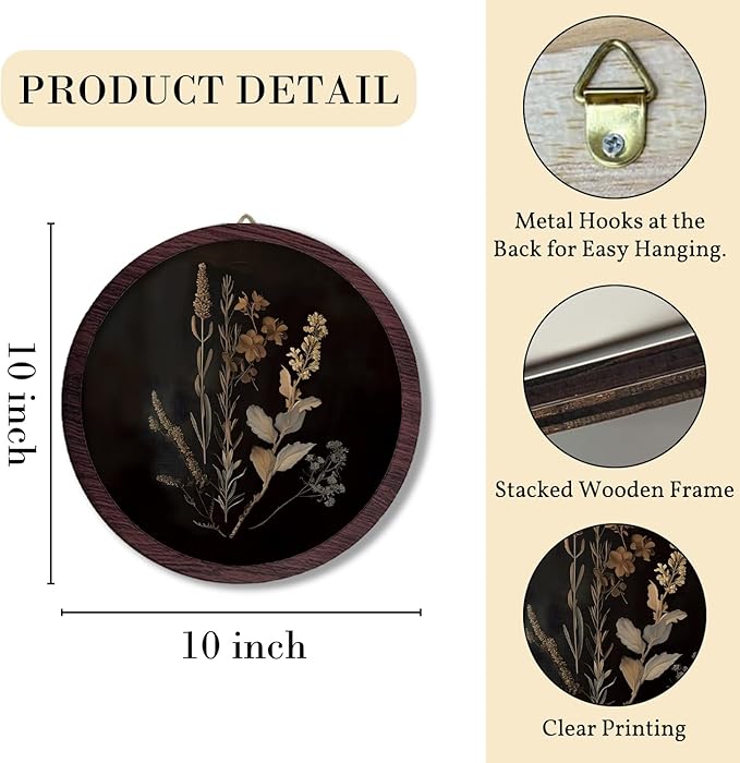 TFKFJLF Moody Vintage Botanical Framed Wall Art Decor, Antique Mid Century Modern Floral Round Wooden Prints Wall Art, Cottagecore Flower Hanging Decor for Bedroom Living Room Bathroom, 10x10 inch