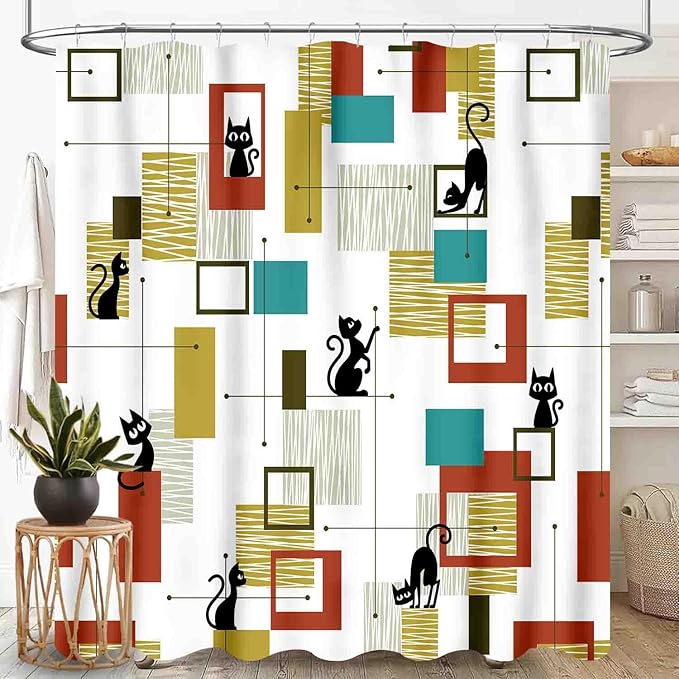 Mid Century Shower Curtain for Bathroom, Modern Black Cat Abstract Atomic Geometric Pattern Lovely Kittey Retro 1950s 1960s Waterproof Fabric Shower Curtain Set with Hooks72 x84 Inch