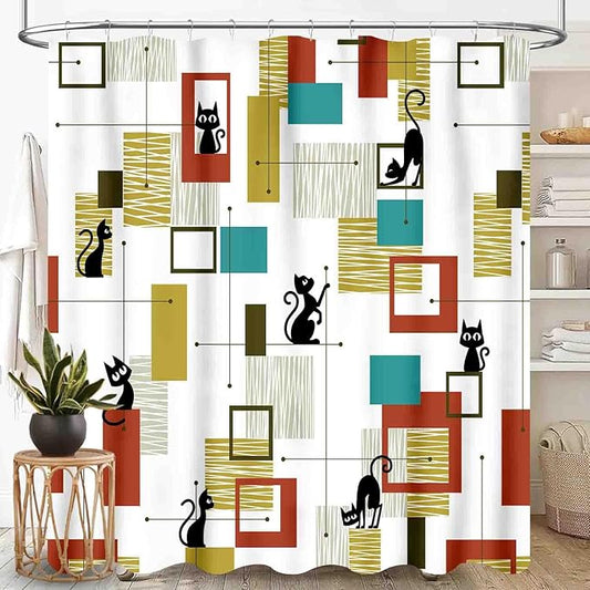 Mid Century Shower Curtain for Bathroom, Modern Black Cat Abstract Atomic Geometric Pattern Lovely Kittey Retro 1950s 1960s Waterproof Fabric Shower Curtain Set with Hooks,72"x72" Inch