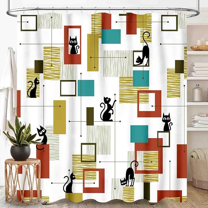Mid Century Shower Curtain for Bathroom, Modern Black Cat Abstract Atomic Geometric Pattern Lovely Kittey Retro 1950s 1960s Waterproof Fabric Shower Curtain Set with Hooks,72"x78" Inch