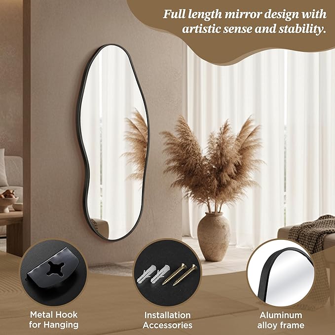 Mirror Full Length - Irregular Full Body Wall Mirror Hanging 55"x 23" Asymmetrical Aviation Aluminum Alloy Frame Unique for Bedroom, Living Room, Cloakroom, Entryway