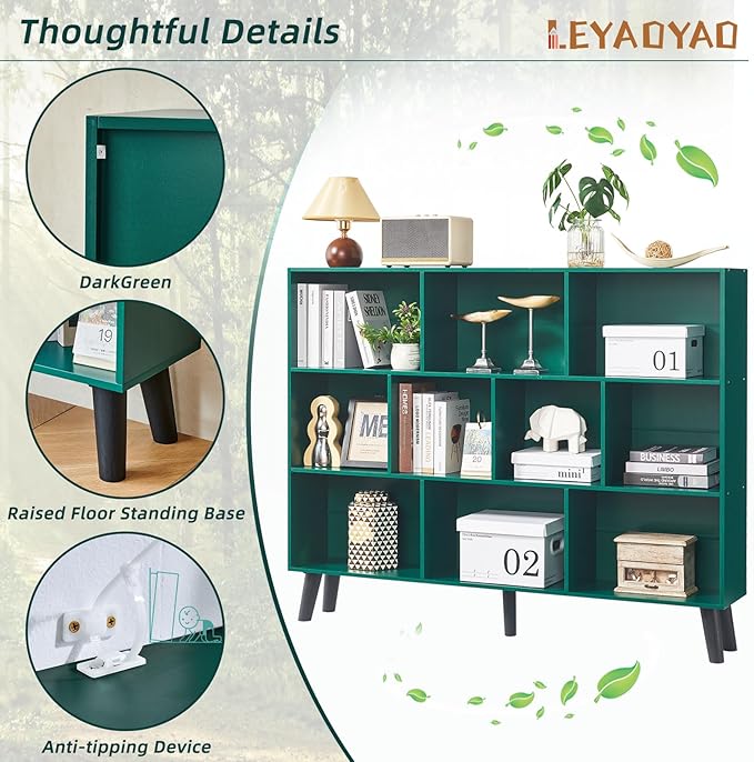 LEYAOYAO 10 Cube Bookshelf, 3 Tier Vintage 55" Wide Bookcase with Legs, Mid-Century Wood Bookshelves Storage, Dark Green Large Book Case, Freestanding Organizer Display Shelf for Living Room, Office