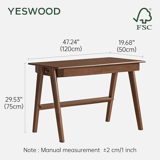YESWOOD 100% Solid Rubber Wood Desk, Mid Century Modern Writing Computer Desk in Walnut Finish with Drawer for Home Office, Sturdy Room, Bedroom 47.24" W
