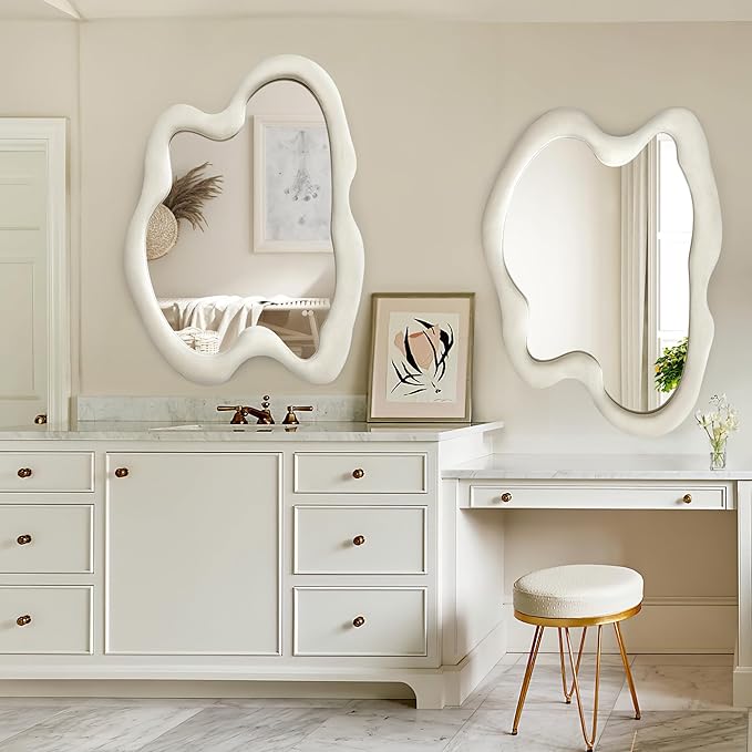 Irregular Wall Mirror Asymmetrical Mirror, White Wavy Mirror with Flannel Frame, Decorative Wall Mirror for Bedroom, Livingroom, Entryway, 20"x 28"