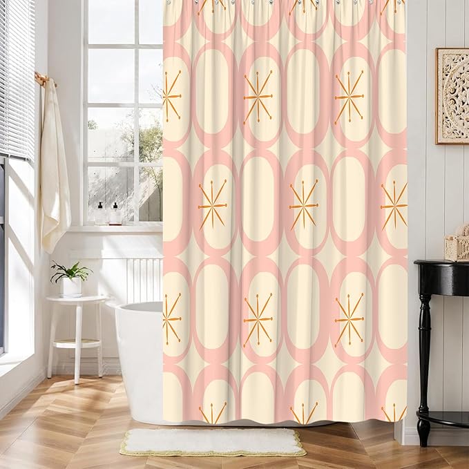 Mid Century Shower Curtain Modern Abstract Atomic Starbursts Squares Retro 50s Geometric Bathroom Decor Polyester Curtains with Hooks