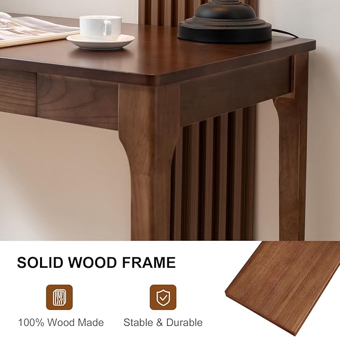 Solid Wood Desk with Drawers, Home Office Desk for Small Spaces, Gaming Work Study Desk, Student PC Desk for Bedroom, Easy to Assemble (Walnut Color, 39.4 inch)