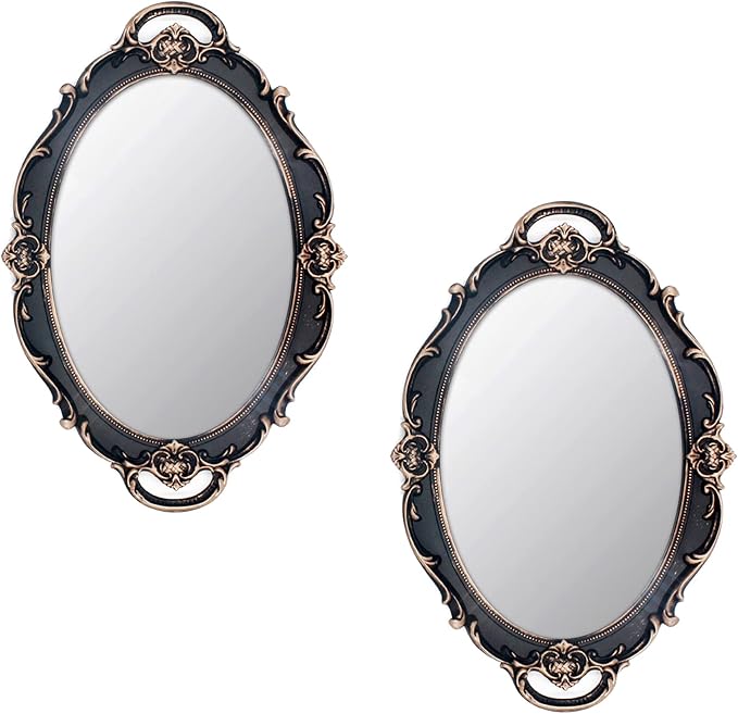 Eaoundm 14.5 x 10 inchs Oval Antique Decorative Wall Mirror Vintage Hanging Mirror (Brown 2 Pcs)
