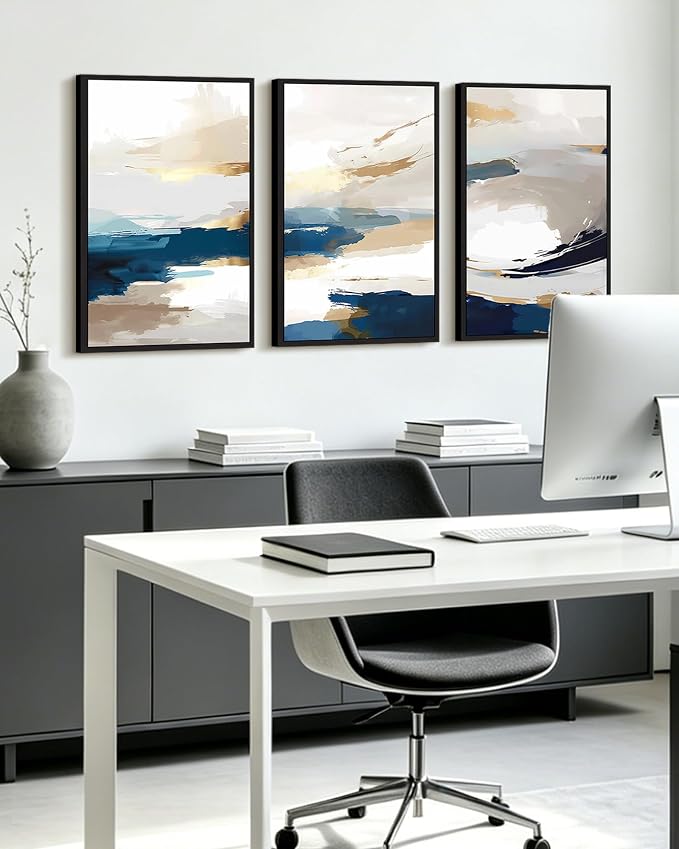 KUVIOKE Abstract Blue Framed Wall Art Graffiti Shape Pastel Wall Decor Modern Art Painting for Bedroom Hallway 16x24in (Black Framed)