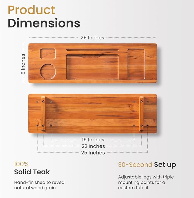 Teak Bathtub Tray Caddy - 29" Wide Adjustable Bathtub Table for Freestanding Tubs, Non-Slip Design with Phone/Wine Holder, Natural Bath Spa Essentials
