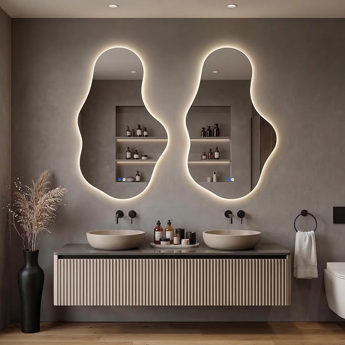 Irregular LED Bathroom Mirror with Lights, Backlit Vanity Mirror for Wall, Asymmetrical Wall Mirror, 3 Color Dimmable Anti-Fog Smart, Decorative Mirror for Bathroom, Entryway(24″ x 40″, 2 Pack)